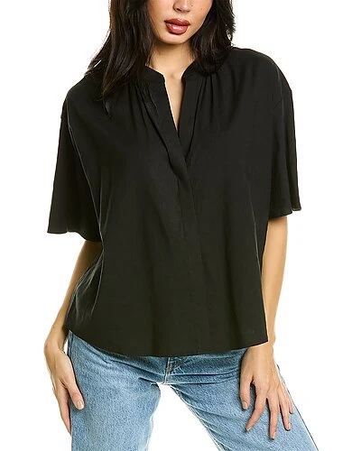 Vince Shirred Band Collar Linen-Blend Top Women 3 Vince Shirred Band Collar Linen-Blend Top Women