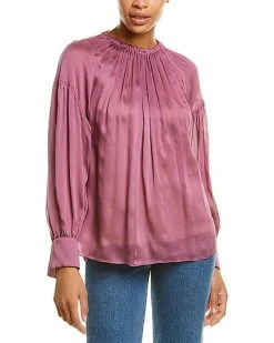 Vince Shirred Neck Silk Blouse Women
