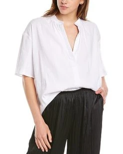 Vince Shirred Band Collar Linen-Blend Blouse Women